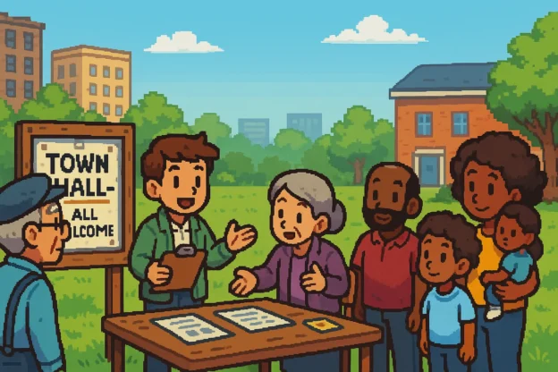 Cartoon town hall scene with diverse people standing around, representing community engagement in the electoral process.