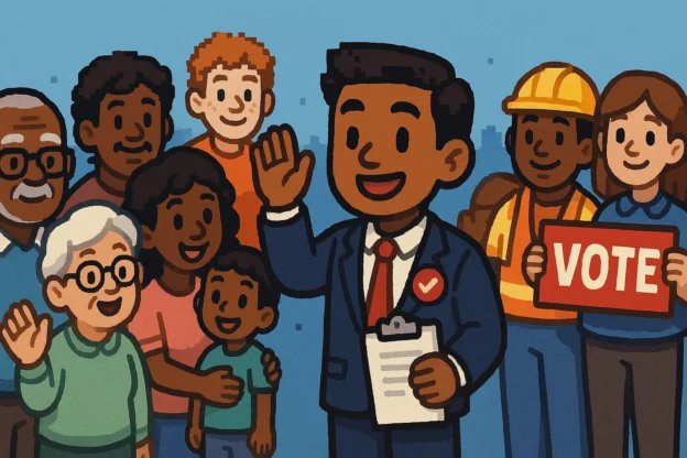 A cheerful cartoon man with a "Vote" sign, encouraging civic engagement and the journey to candidacy.
