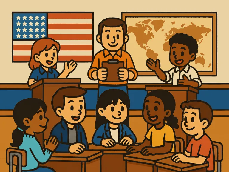 A cartoon shows a teacher leading a student debate, with children actively participating in a lively classroom setting.